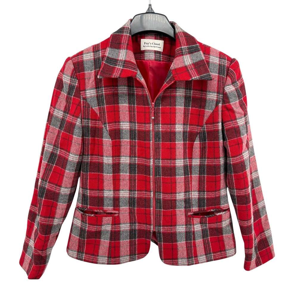 Vtg. Retro Fays Closet Womens‎ M/L Pre-Owned Red Plaid Jacket Wool Blend Zip